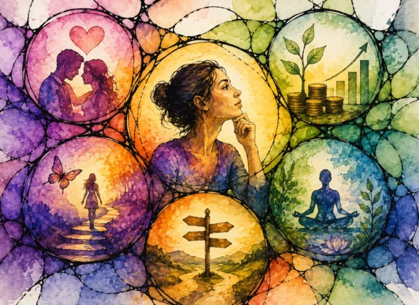 Chernik Art NeuroGraphic Art illustration representing growth across relationships, finances, well-being, self-realization and life decisions.